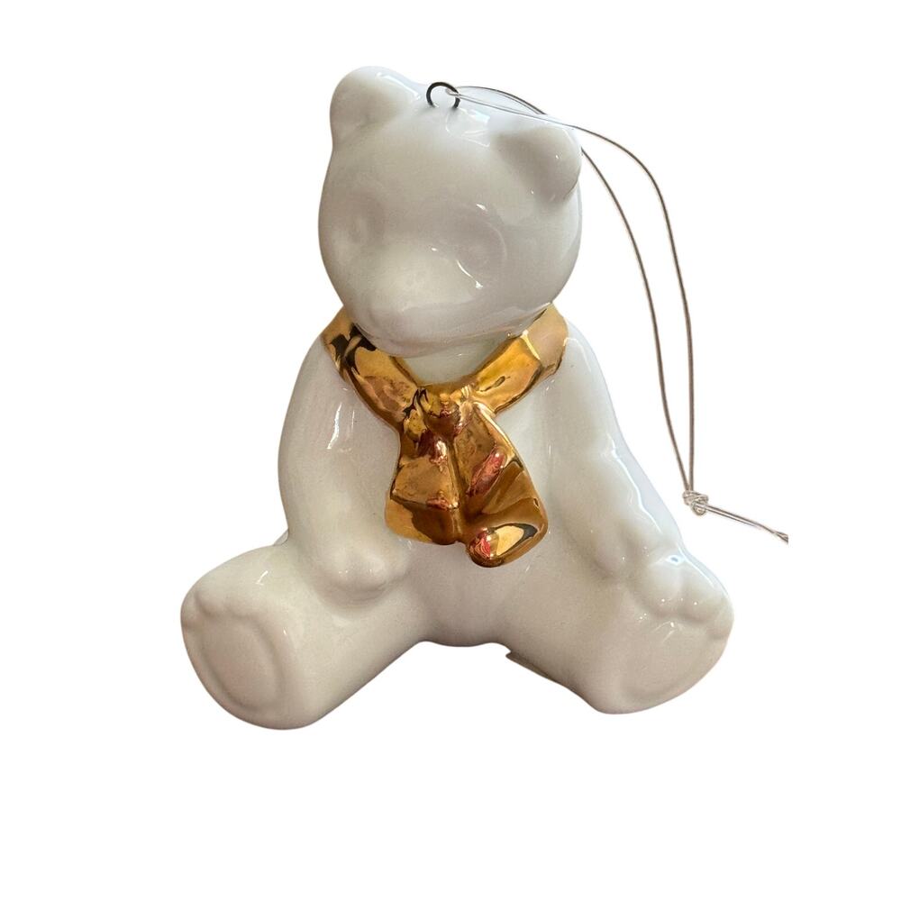 Vintage Dept 56 White Gold Porcelain Teddy Bear Christmas Ornament